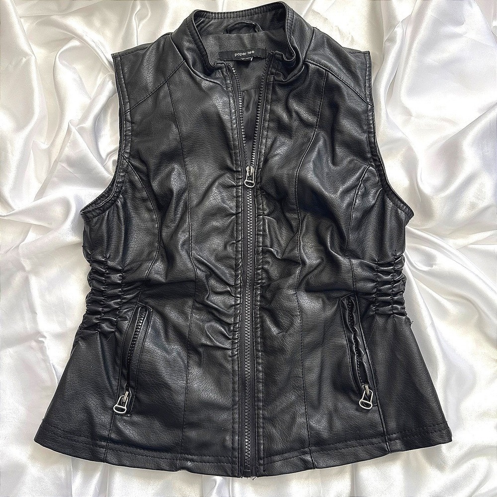 Paper Tee Womens Black Faux Leather Zip Up Biker Vest Mock Neck Ruched Small